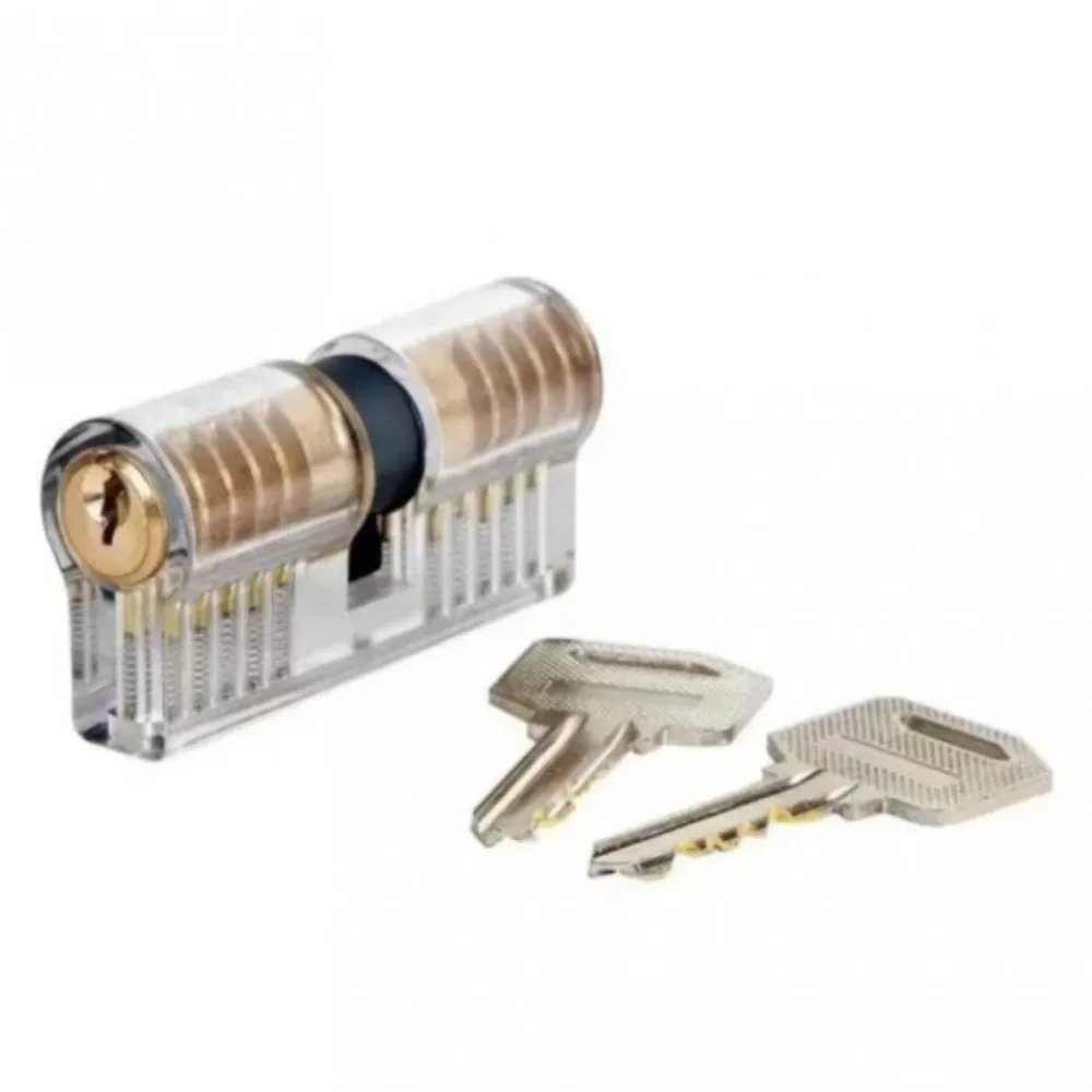 Transparent cutaway practice padlock showing internal pin stacks