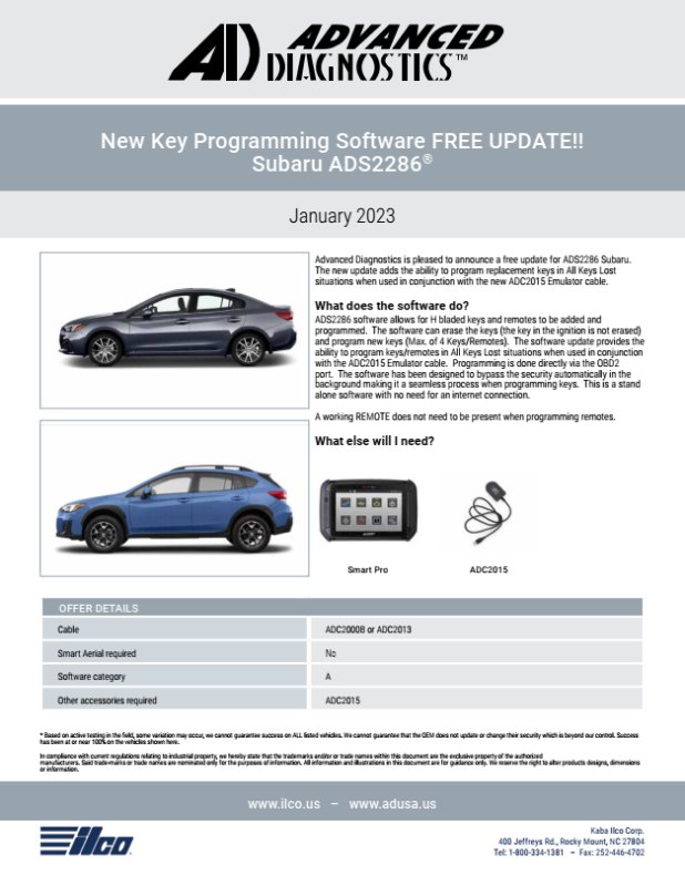 Advanced Diagnostics ADS2286 Subaru Update Software - IL ADA2286