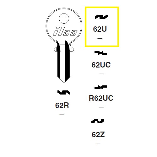 Ilco 62U uncut key blank for Citroen, Renault, Simca, Talbot