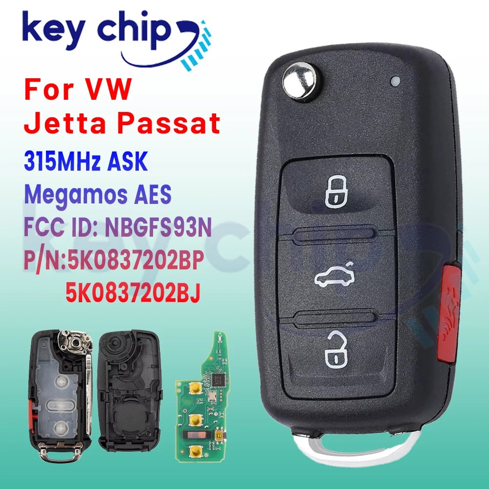 Flip Remote Key For VW Jetta Passat 315MHz ASK Megamos AES FCC ID: NBGFS93N P/N: 5K0837202BJ 5K0837202BP
