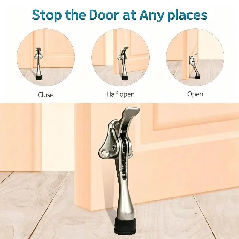 Heavy Duty Zinc Alloy Adjustable Kickdown Door Stop Non Slip Rubber Base For Home Office Commercial Doors